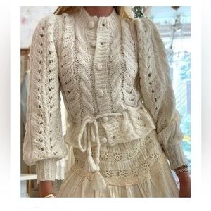 LOVESHACKFANCY GIRARD OPEN KNIT ALPCA BALLON SLEEVE DRAWSTRING CARDIGAN SIZE M